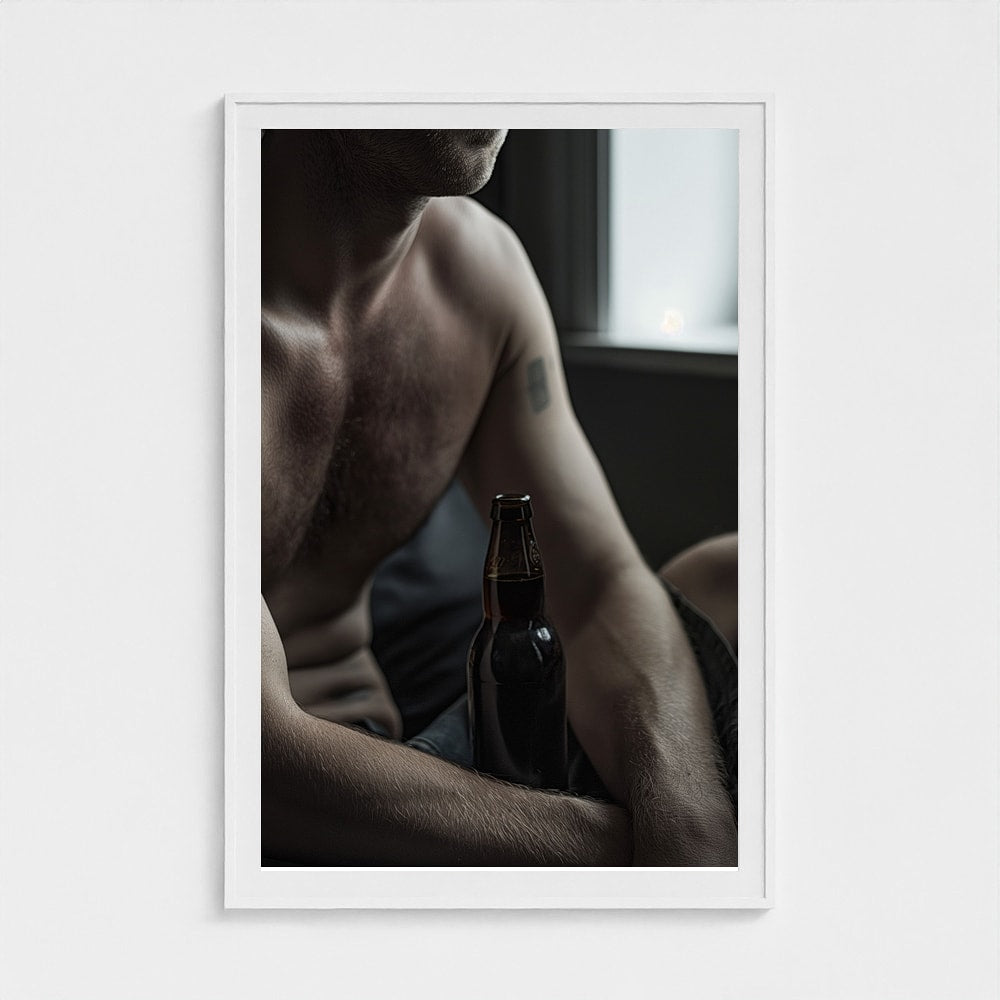 Contemplative Male Portrait with Dark Glass Bottle