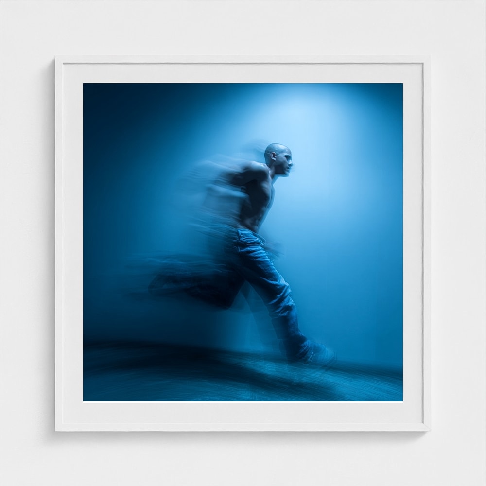 Dynamic Motion Portrait in Soft Blue Denim Tones