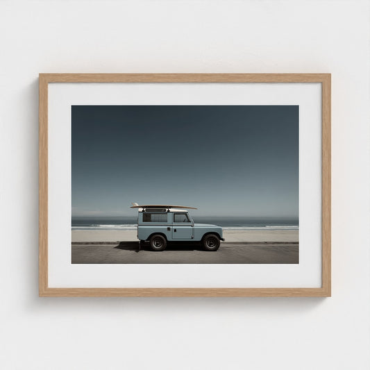 Vintage Coastal Land Rover in Serene Pale Blue Tones