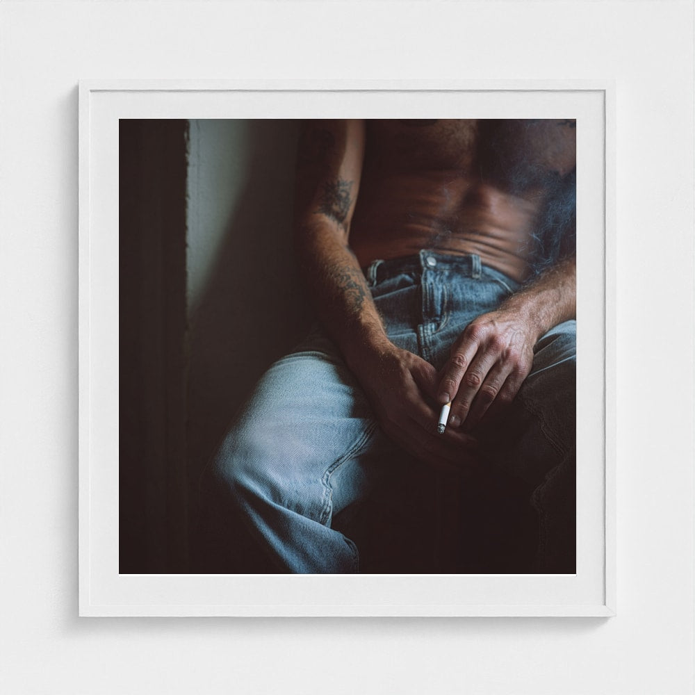 Tattooed Male Torso in Contemplative Denim Portrait