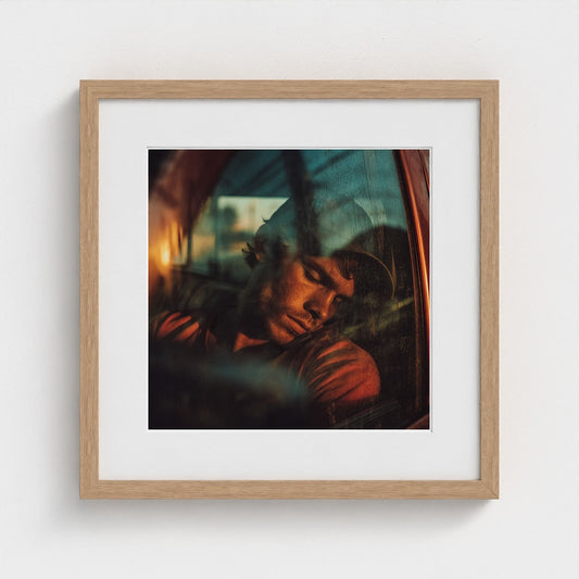 Sleeping Man in Car Window, Contemplative Amber Light