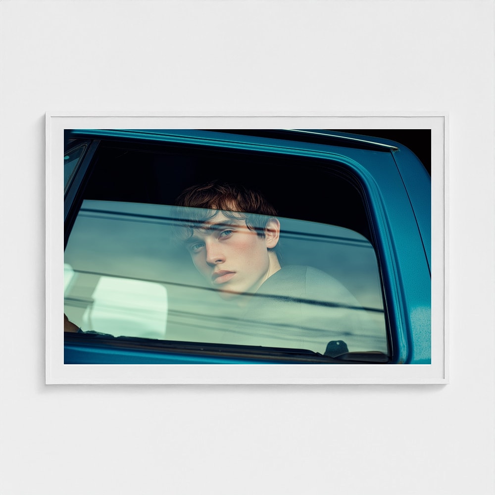 Contemplative Youth Portrait in Minimal Car Interior