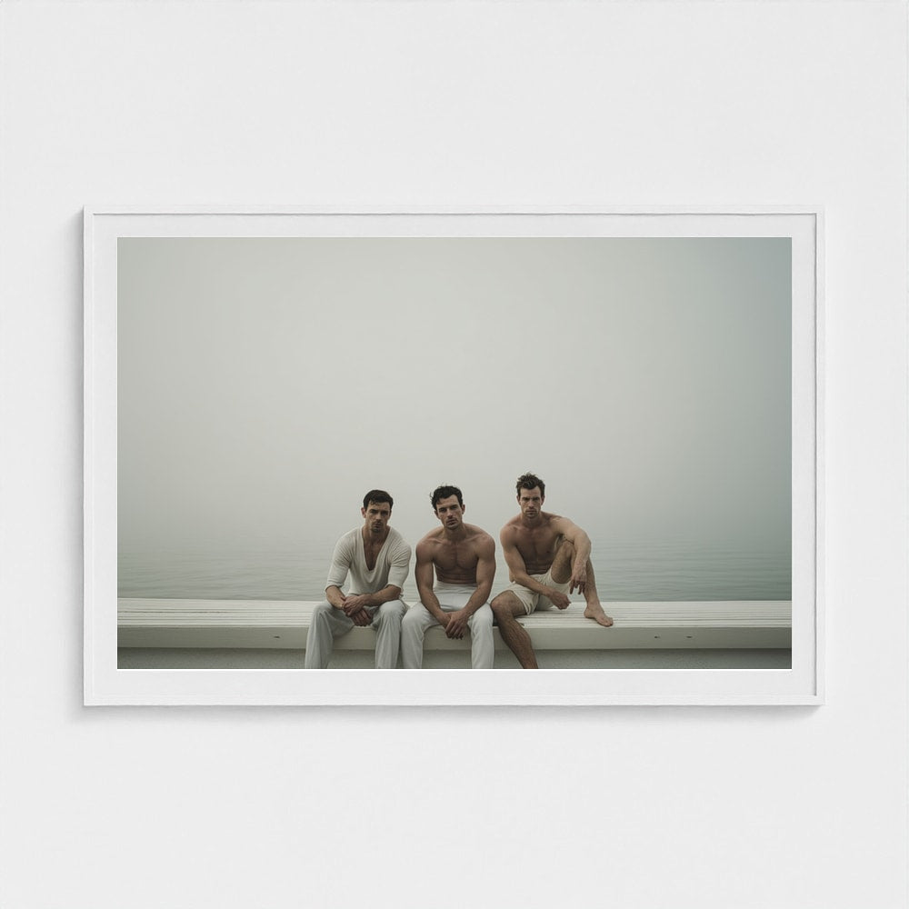 Three Men in Fog, Minimal Portrait on White Ledge