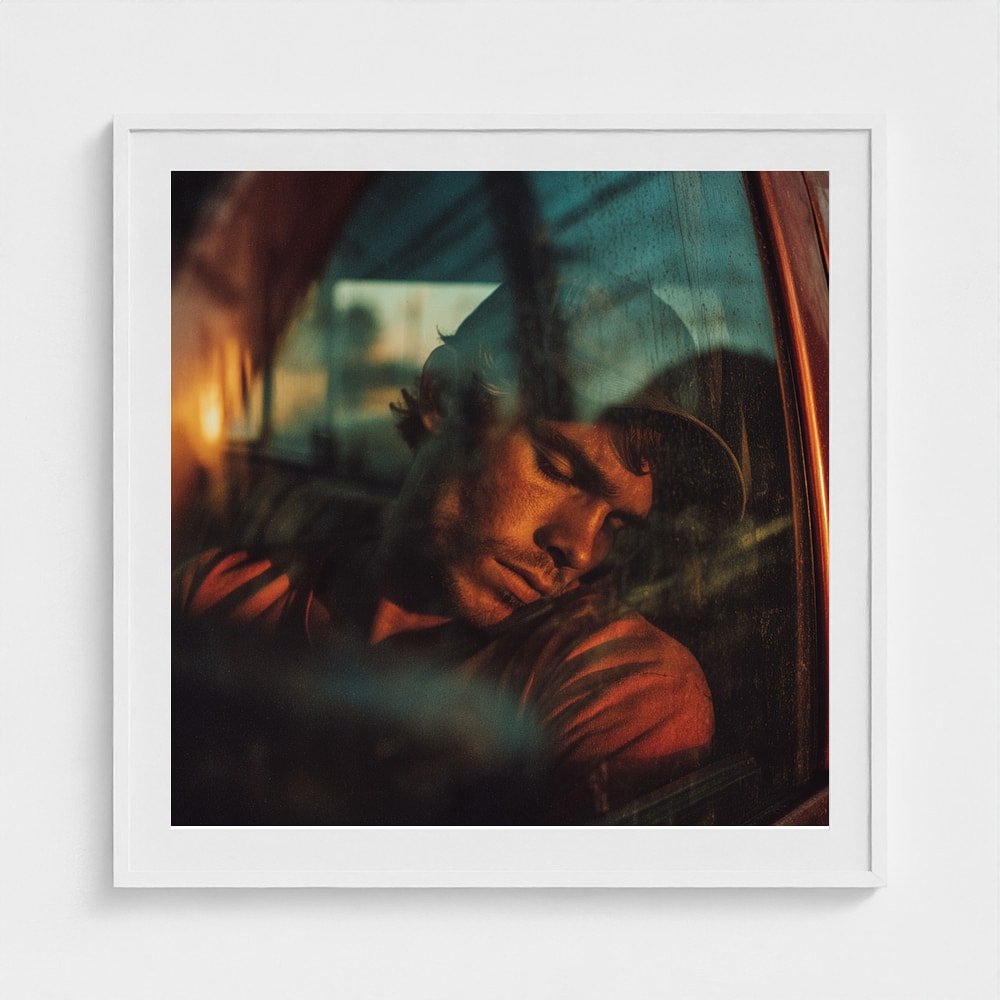 Sleeping Man in Car Window, Contemplative Amber Light