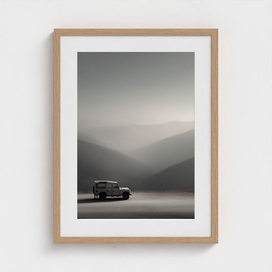 White Land Rover in Serene Misty Mountain Landscape