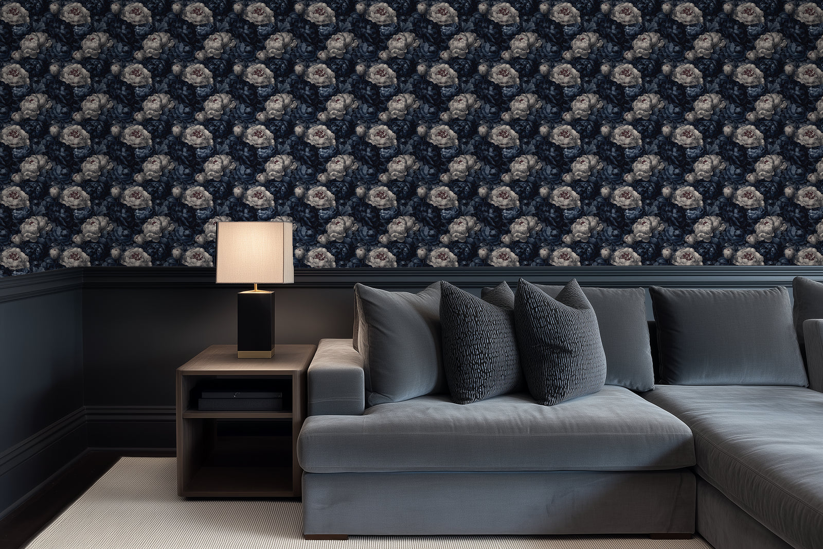 Indigo Bloom Ballad Wallpaper — Indigo — Living Room 1