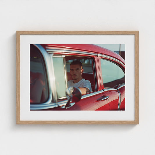 Young Man in Red Classic Car Contemplative Portrait