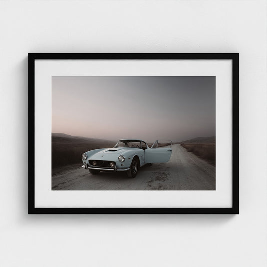 Vintage Blue Ferrari on Hazy Mountain Road Photography