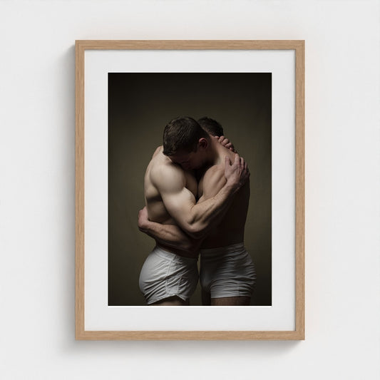 Intimate Male Embrace Portrait in Soft Neutral Tones