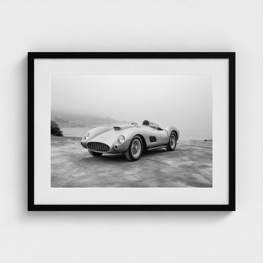 Silver 1957 Ferrari Spider in Foggy Minimal Landscape