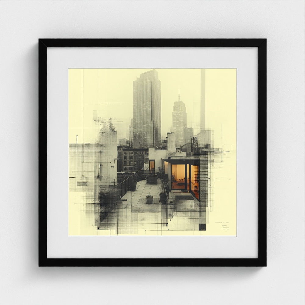 New York Rooftop Architectural Drawing in Warm Tones
