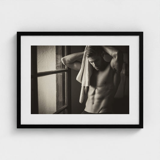 Contemplative Man Drying Hair in Sepia Toned Light