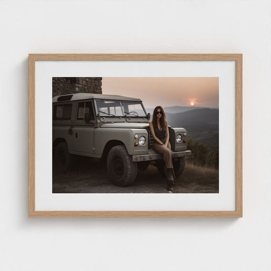 Woman on Land Rover at Sunset in Khaki Tones