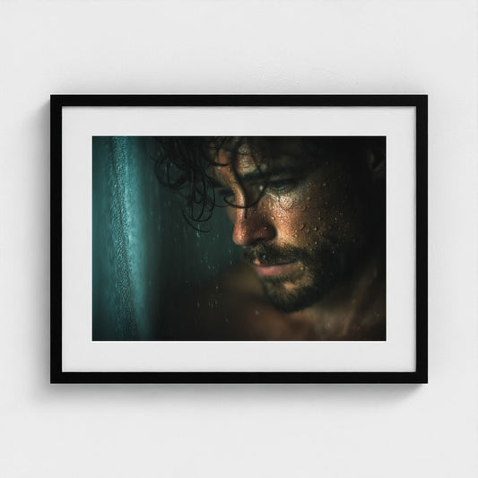 Contemplative Shower Portrait in Soft Grey Tones