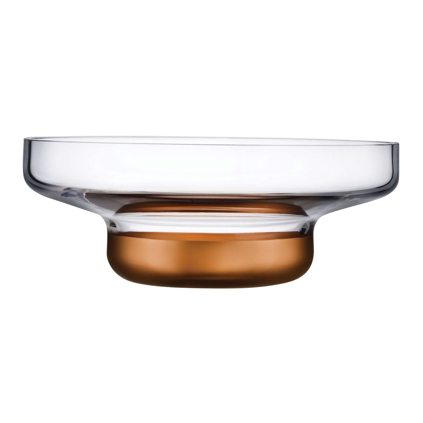 Wide copper glass centerpiece bowl featuring a metallic base on a neutral background.