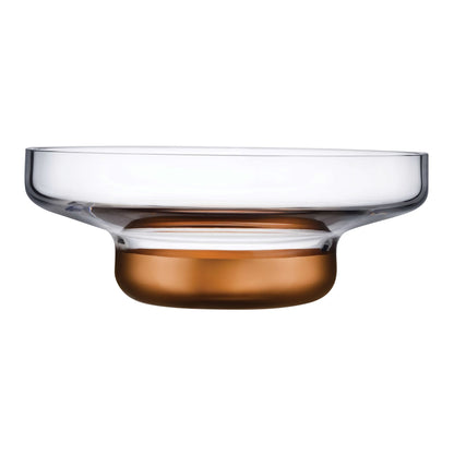 Wide copper glass centerpiece bowl featuring a metallic base on a neutral background.