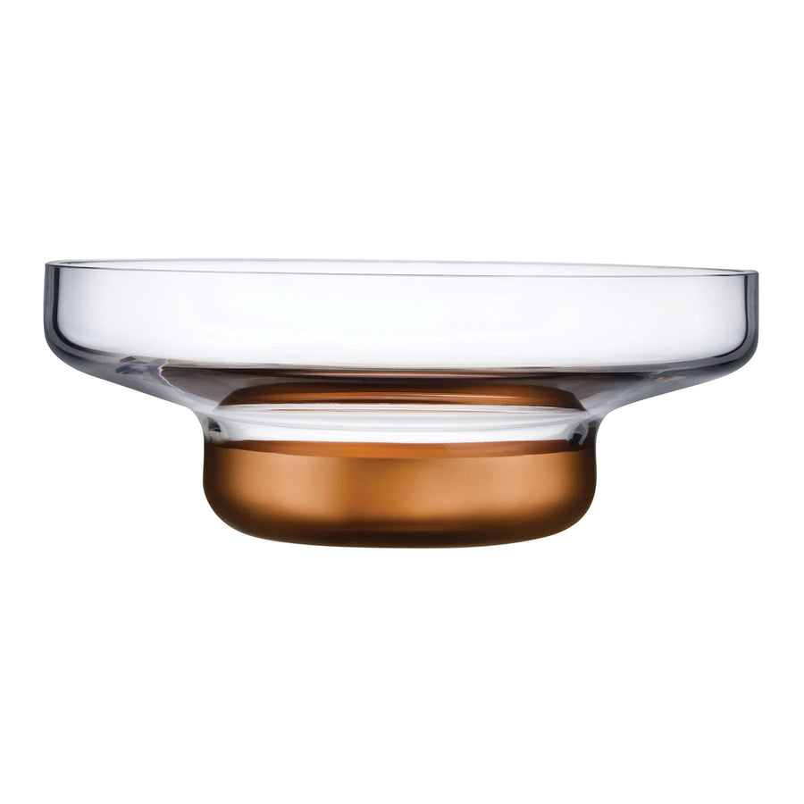 Wide copper glass centerpiece bowl featuring a metallic base on a neutral background.