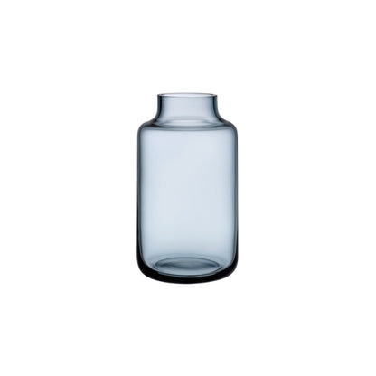 Steel blue crystalline glass vase with a fluid, sculptural silhouette.