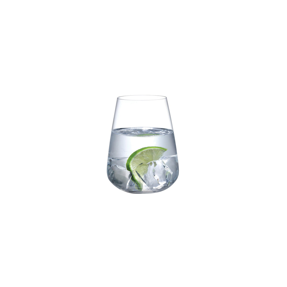 Set of two minimalist NUDE Glass Stem Zero crystal water glasses on a clean background.