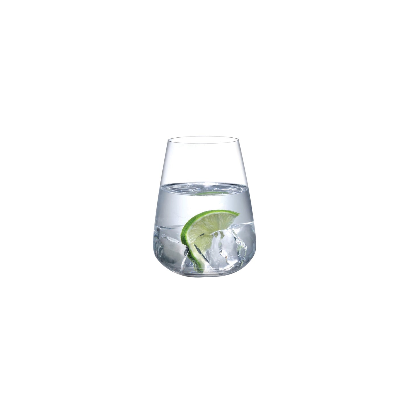 Set of two minimalist NUDE Glass Stem Zero crystal water glasses on a clean background.