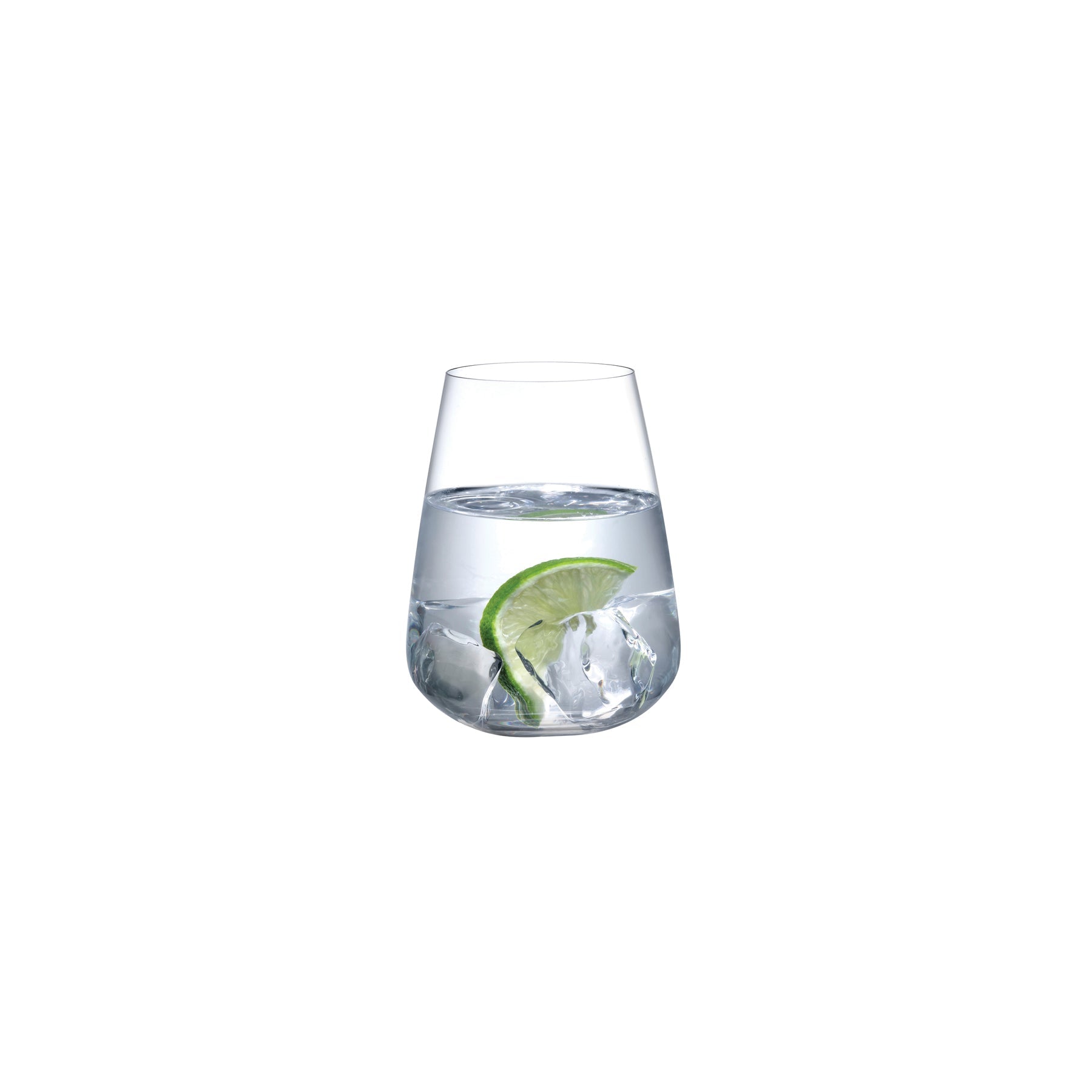 Set of two minimalist NUDE Glass Stem Zero crystal water glasses on a clean background.