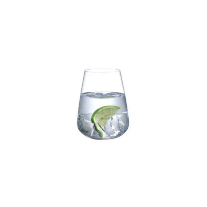 Set of two minimalist NUDE Glass Stem Zero crystal water glasses on a clean background.
