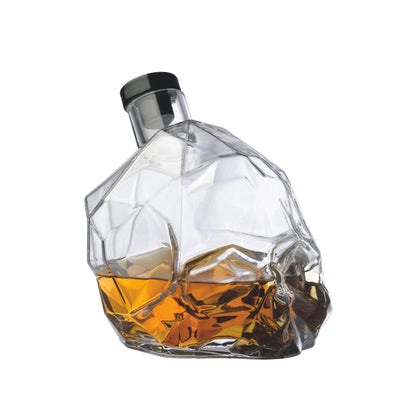 Front view of the Memento Mori lead-free crystal whiskey decanter with its striking skull stopper.