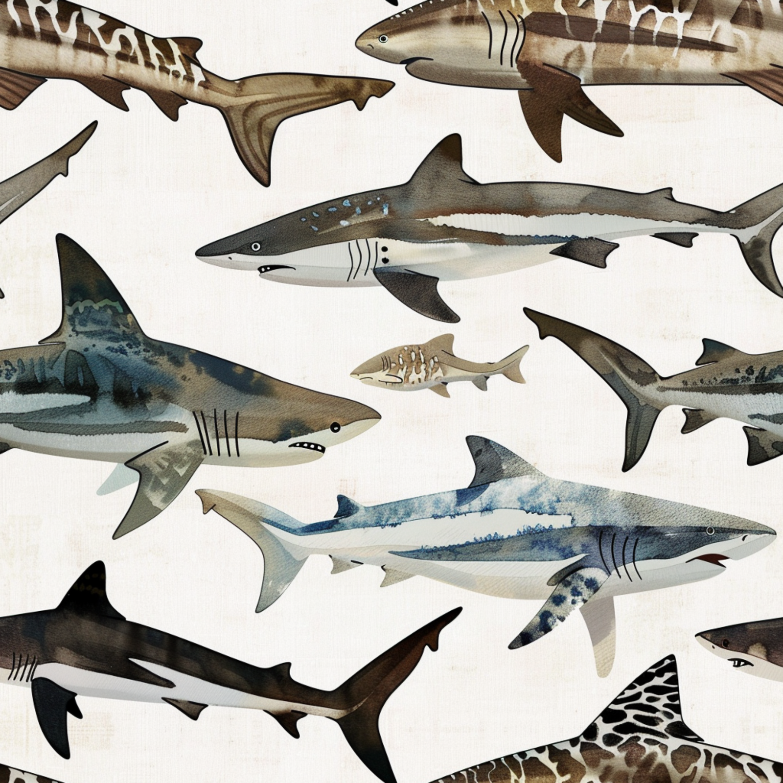 Full-scale layout of the Watercolor Sharks designer wallpaper in oceanic blue tones