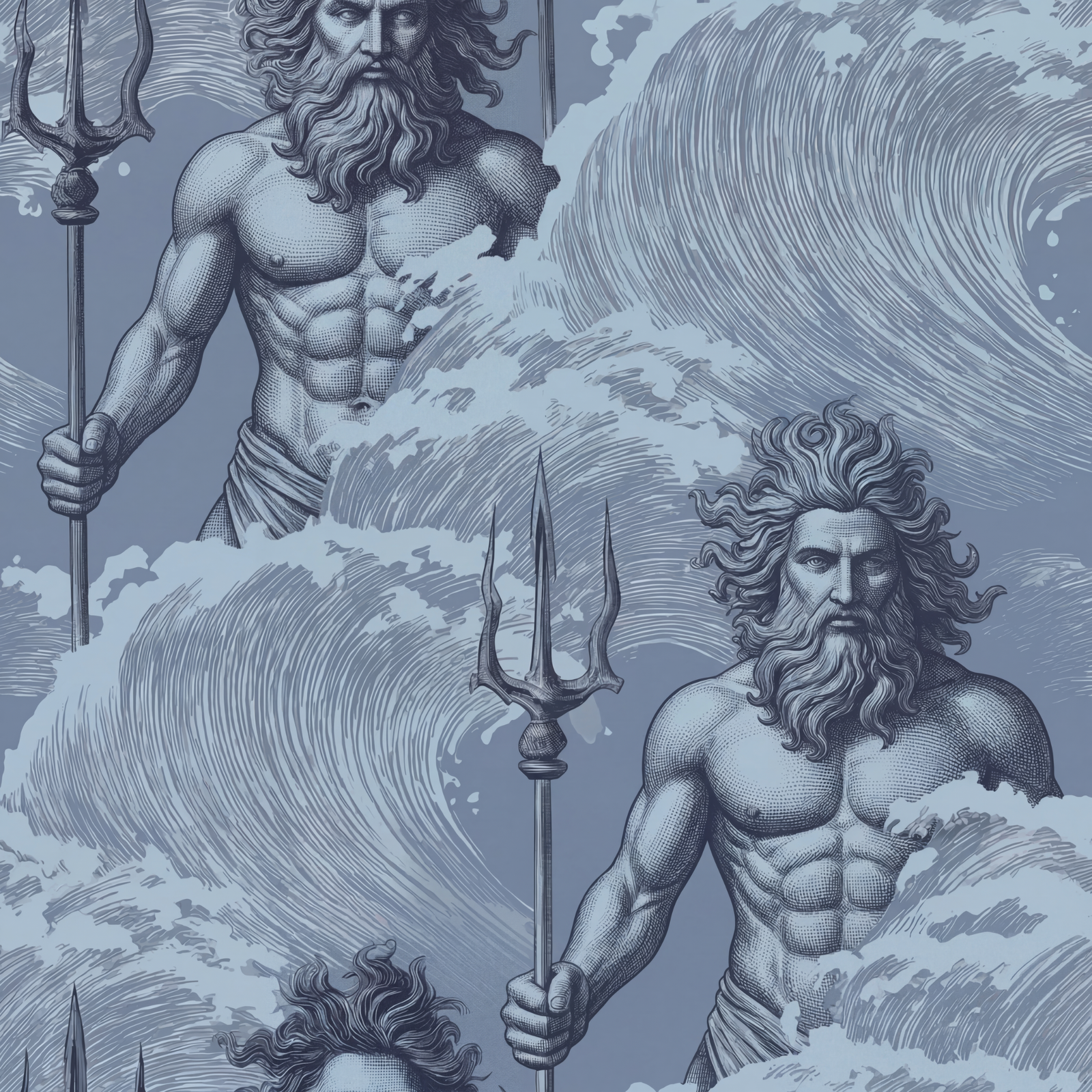 Pattern scale and roll dimension diagram for the Neptune classical wallpaper in Aegean blue.