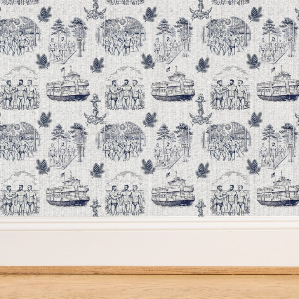 Detailed view of the beach house and maritime motifs on the designer toile paper.
