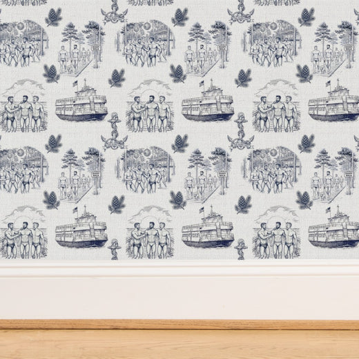 Detailed view of the beach house and maritime motifs on the designer toile paper.