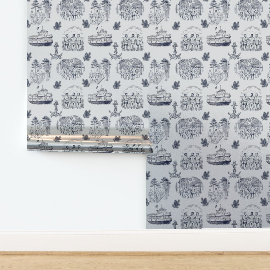 Elegant coastal toile wallcovering showcasing maritime themes and beach house style.