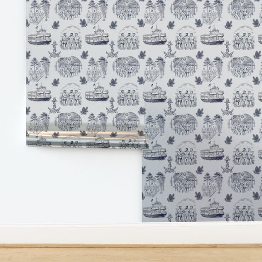 Elegant coastal toile wallcovering showcasing maritime themes and beach house style.