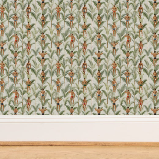 Detailed look at the pearlescent finish of the metallic Palm Beach Apollo wallpaper substrate.