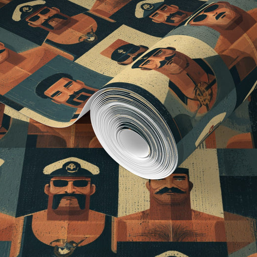 Detail of seaside motifs and signal flags on blue marine wallpaper