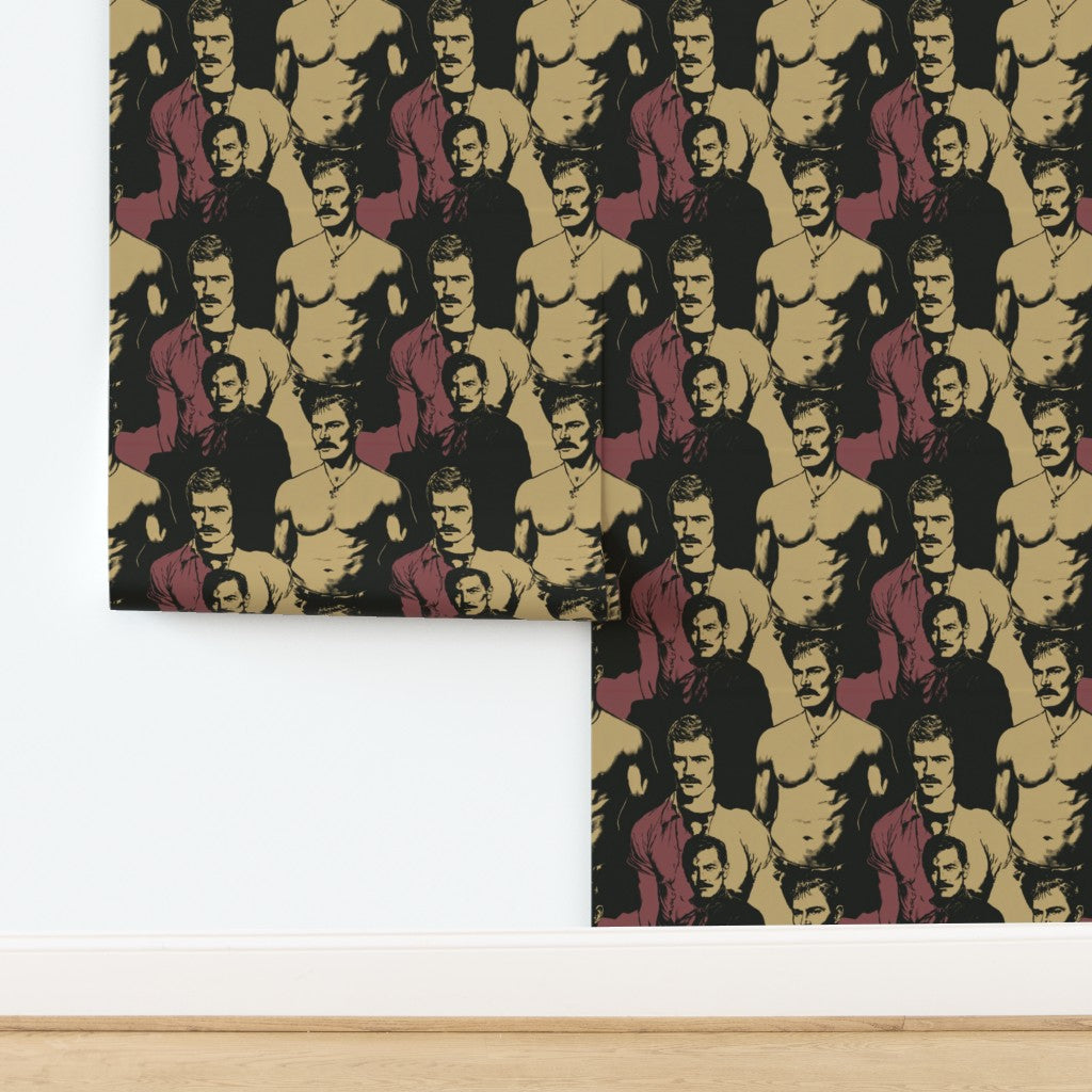 Textured grasscloth wallcovering printed with repeating figurative gentleman design