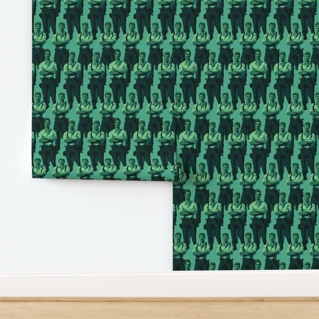Detailed close-up of a tailored vintage character motif on green wallpaper.
