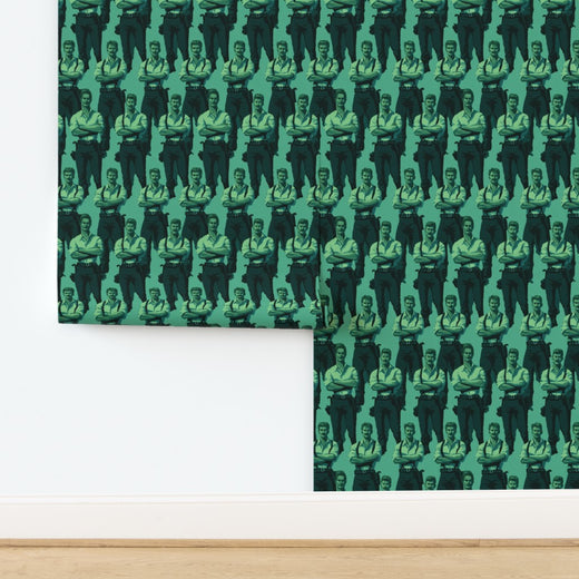Detailed close-up of a tailored vintage character motif on green wallpaper.