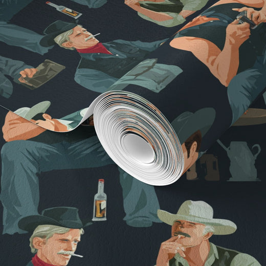 Detailed view of the illustrated whiskey glasses and western details on the custom wallpaper.