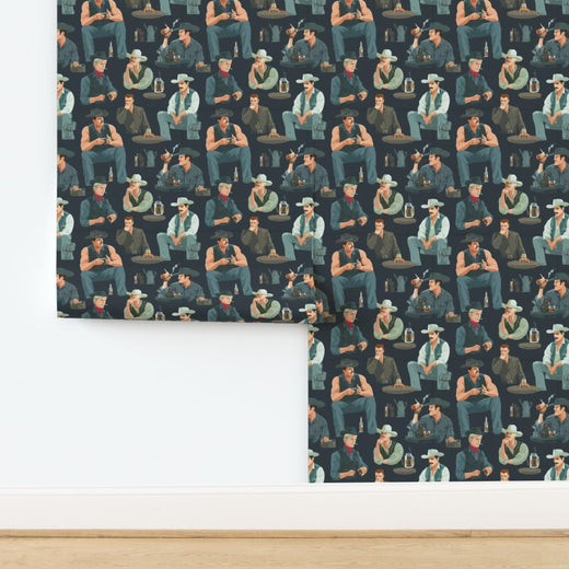 Full repeat pattern view of the gunmetal gray Dusty Trail Reverie western wallpaper design.