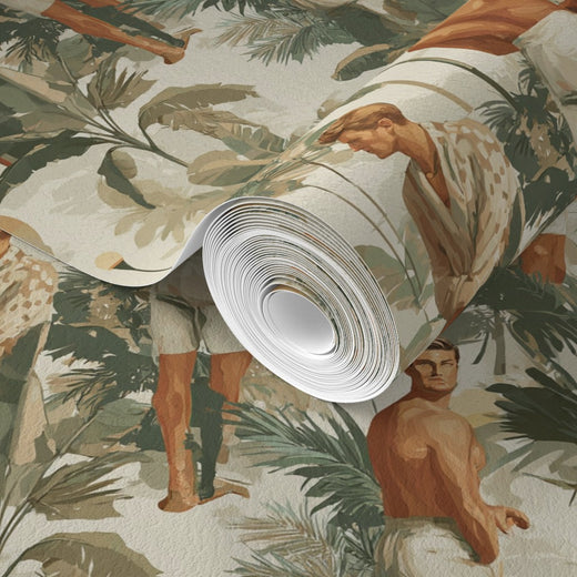 A close-up segment of the scenic wallpaper pattern highlighting the sand-toned background.