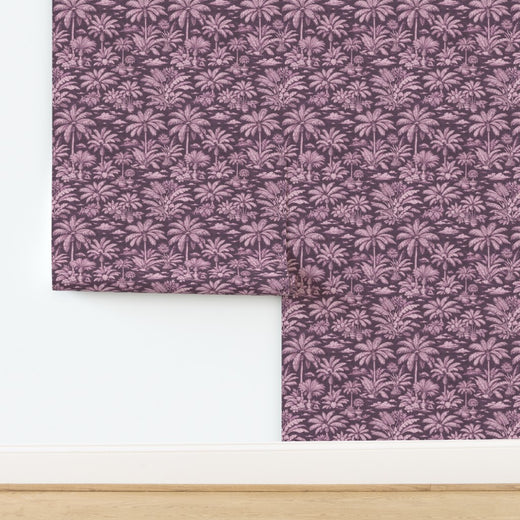 Palmy Weather wallpaper in Pink colorway, featuring tropical scenery and exotic birds.