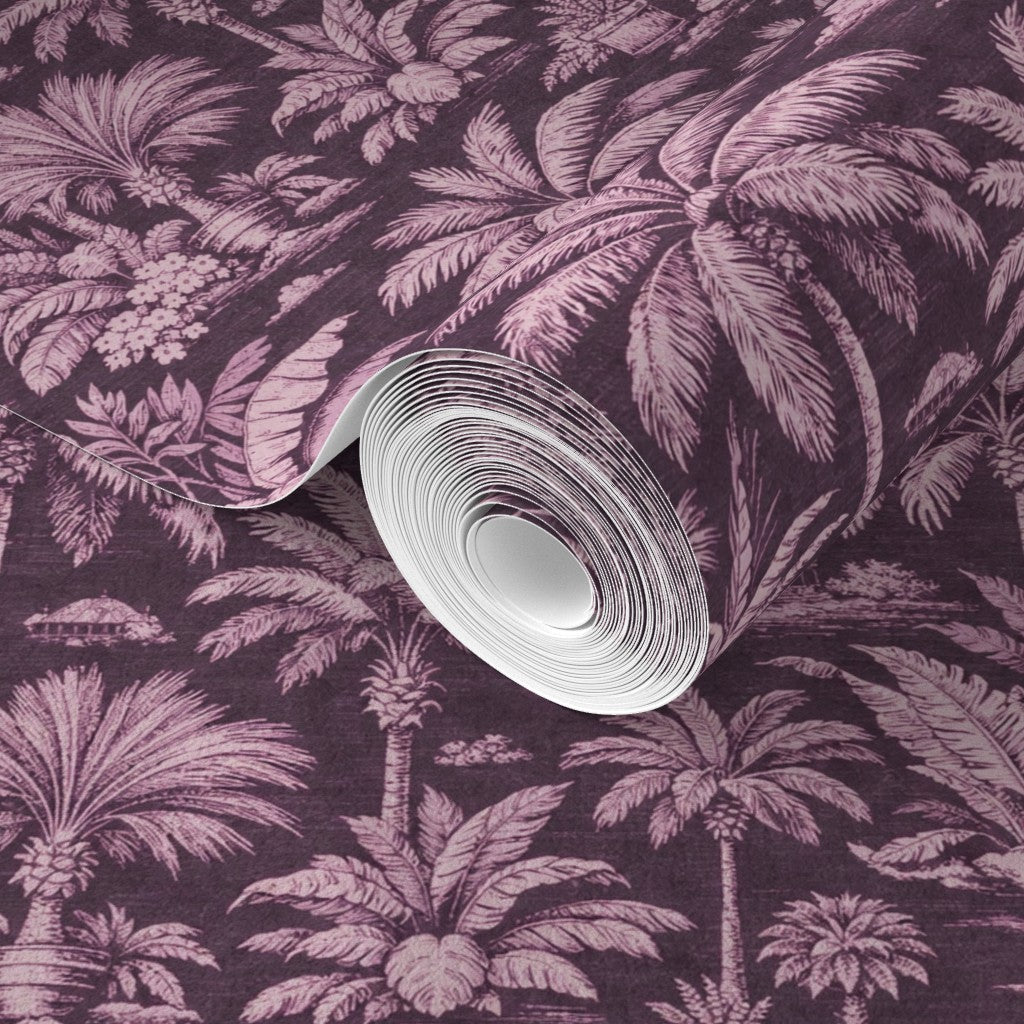 Detailed pattern view of Palmy Weather tropical wallpaper in Pink.