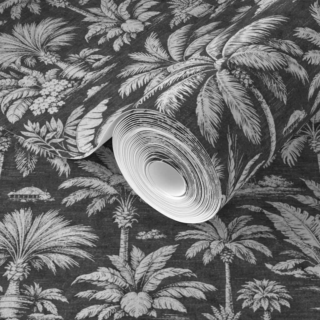 Close-up of the delicate floral and gazebo detail on Palmy Weather Charcoal wallpaper.