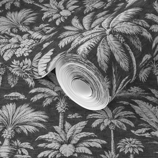 Close-up of the delicate floral and gazebo detail on Palmy Weather Charcoal wallpaper.