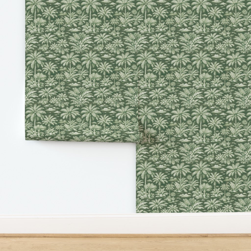 Palmy Weather wallpaper in Green colorway, illustrating natural palm trees and exotic birds.