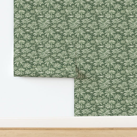 Palmy Weather wallpaper in Green colorway, illustrating natural palm trees and exotic birds.