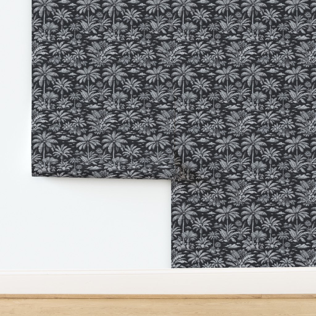 Palmy Weather wallpaper in dramatic Black colorway with contrasting exotic scene.