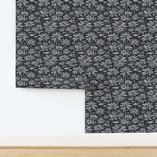 Palmy Weather wallpaper in dramatic Black colorway with contrasting exotic scene.