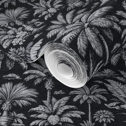 Detailed view of the exotic gazebo and palm motifs on Black Palmy Weather wallpaper.